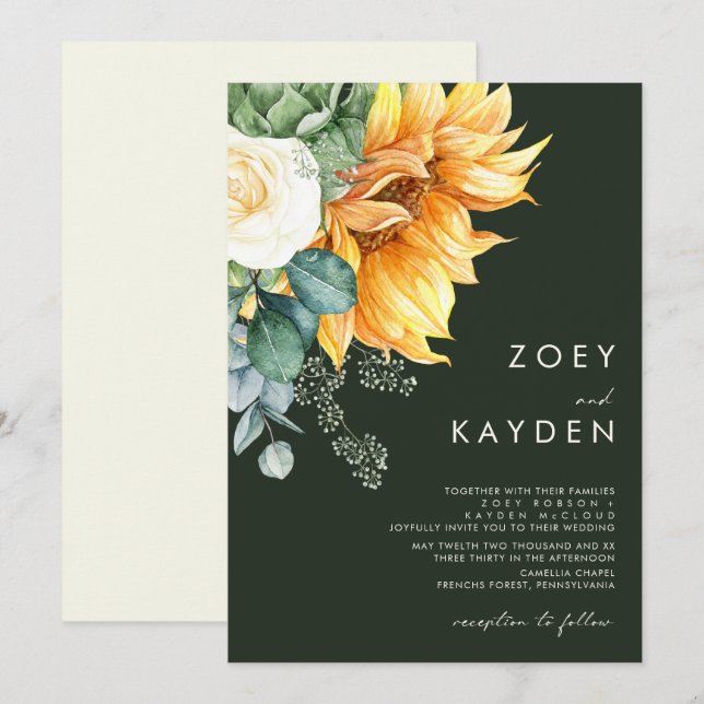 Kühne Country Sunflower | Dunkelgrüne Hochzeit Einladung (Vorne/Hinten)