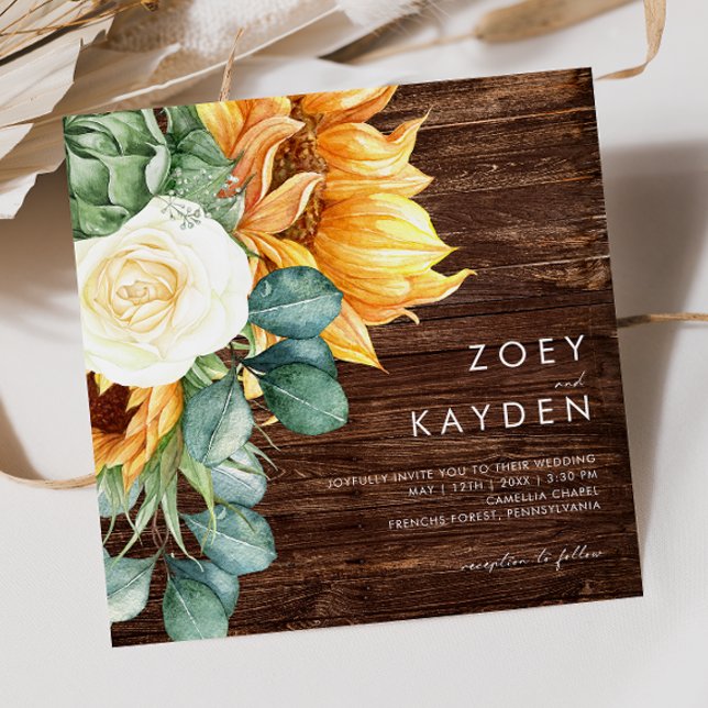 Kühne Country Sunflower | Hochzeit auf dem Holzpla Einladung (Von Creator hochgeladen)