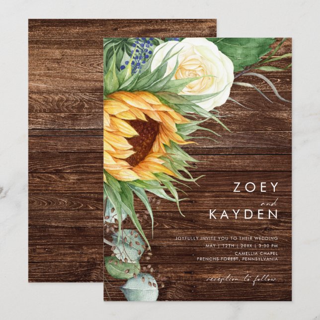 Kühne Country Sunflower | Lässige Holzhochzeit Einladung (Vorne/Hinten)
