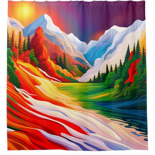 Kühne Farben Bergwald Flusslandschaft Duschvorhang (Vorderseite)