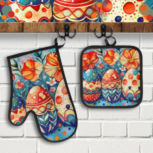 Kühne, farbenfrohe Eier und Blume Ofenhandschuh & Topflappen-Set