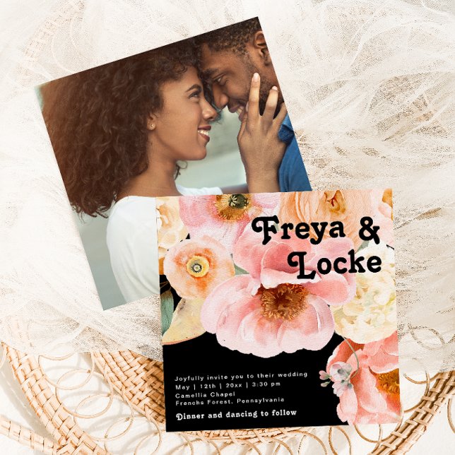 kühne, farbige Blüte | Black Square Foto Wedding Einladung (Von Creator hochgeladen)