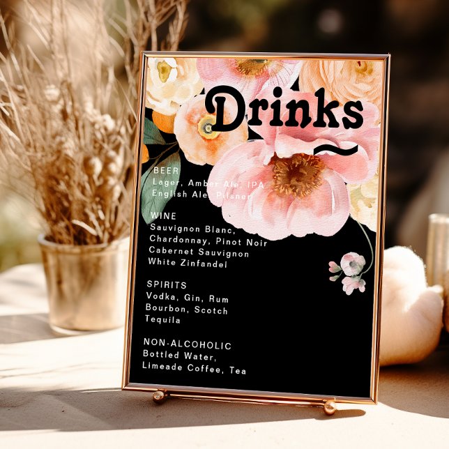 kühne, farbige Blüte | Black Wedding Drinks Menu Poster (Von Creator hochgeladen)