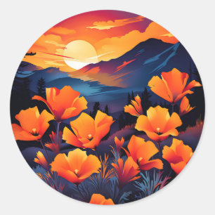 kühne kalifornische Poppy mit Fiery Sunset Runder Aufkleber