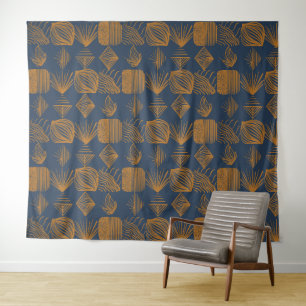 kühne Karibik-Stammes-Mudcloth: Navy Blue, Gold Wandteppich