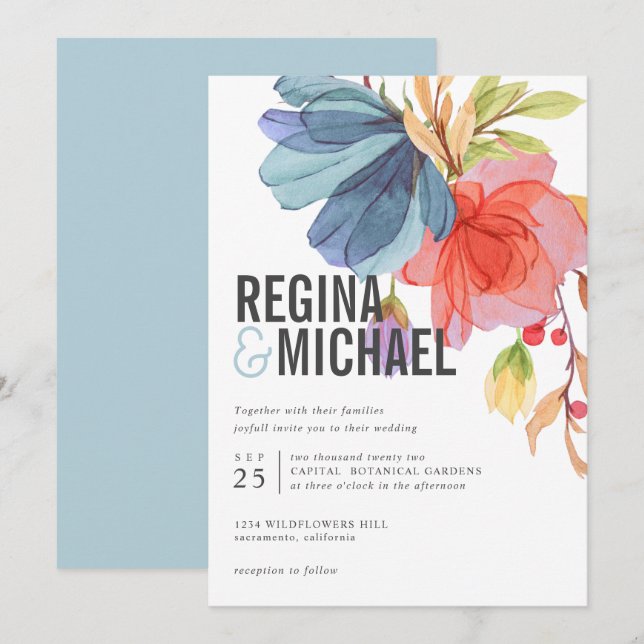 Kühne Moderne Aqua Wildblumen Hochzeit Einladung (Vorne/Hinten)