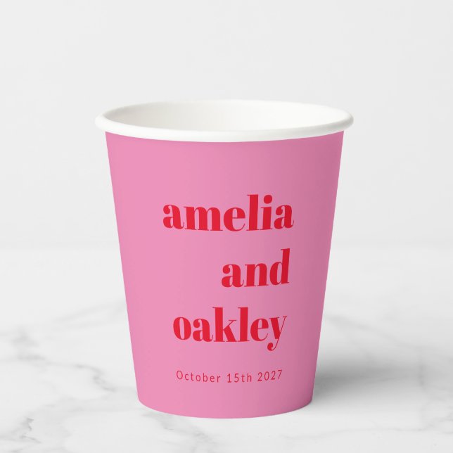 Kühne moderne rosa und rote Retro-Hochzeit Pappbecher (Vorderseite)