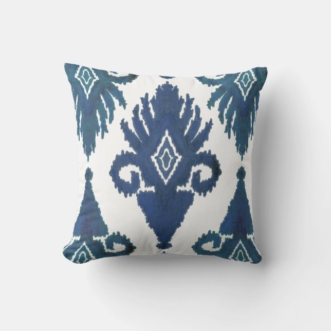 Kühne moderne Tribal IKAT Peacock Royal Blue Navy Kissen (Vorderseite)