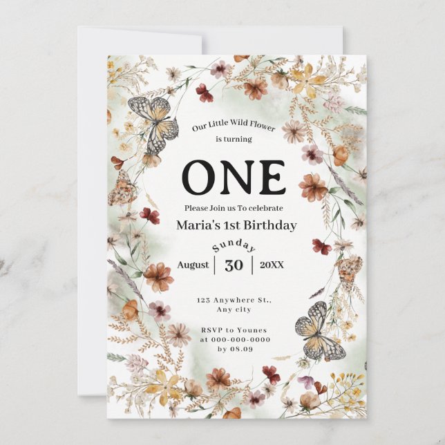 kühne rustikale Wildblume Floral Baby Geburtstag Einladung (Vorderseite)