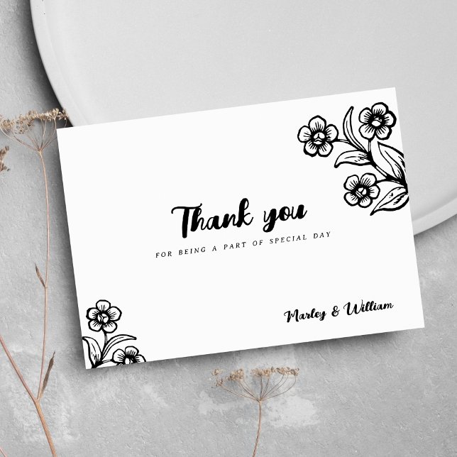Kühne Schwarz-weiße Typografie Blumendanke Einladung (Bold black white typography floral Thank You)