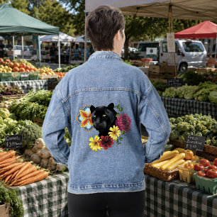 Kühne schwarze botanische Floral-Panther-Illustrat Jeansjacke