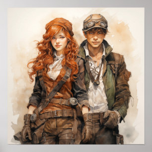 Kühne Steampunk-Entdecker Dynamisches Duo Kunst Poster