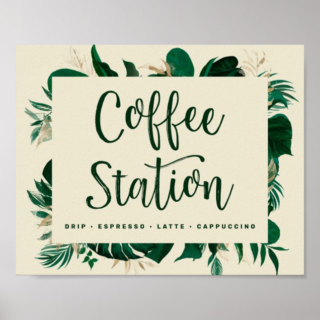 Kühne tropische Blätter Kaffeestation Hochzeitszei Poster (Vorne)