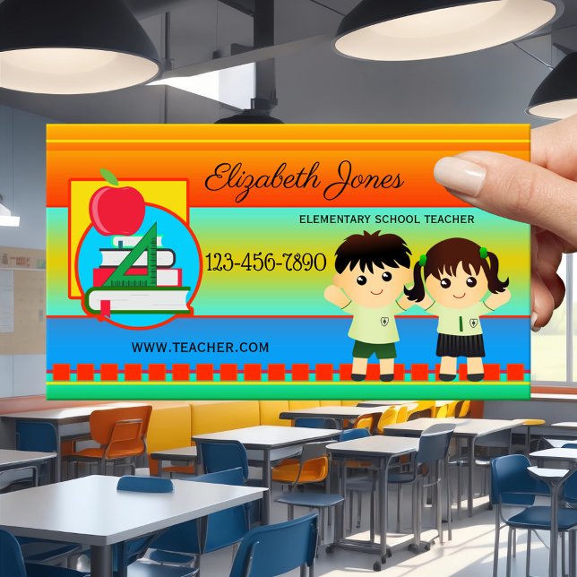 kühne Visitenkarte für Grundschullehrer Terminkarte (Business card in bold colors with kids - primary school or elementary teacher - colorful - whimsical)