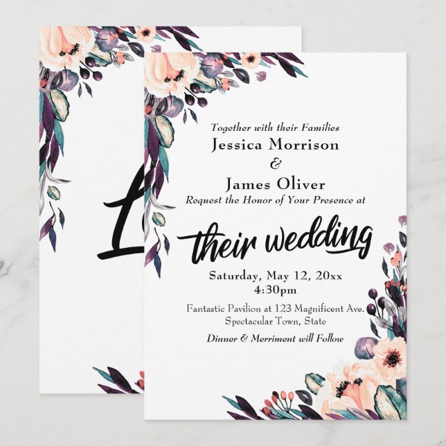 Kühne Wasserfarbe Florals mit Hochzeitsschrift Einladung (Vorne/Hinten)