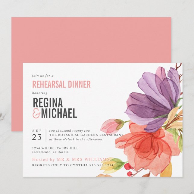 Kühne Wildblumen Aquarell Rosa Probe Abendessen Einladung (Vorne/Hinten)
