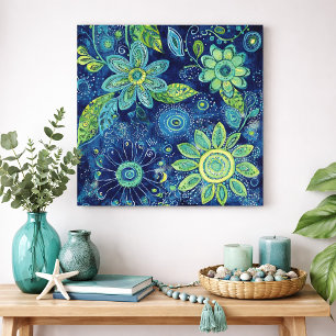 Kühnes Blau Grün Florales Volkskunst Poster