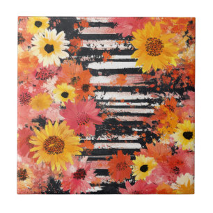 Kühnes Grunge-Blumenmuster in Schwarz, Orange und  Fliese