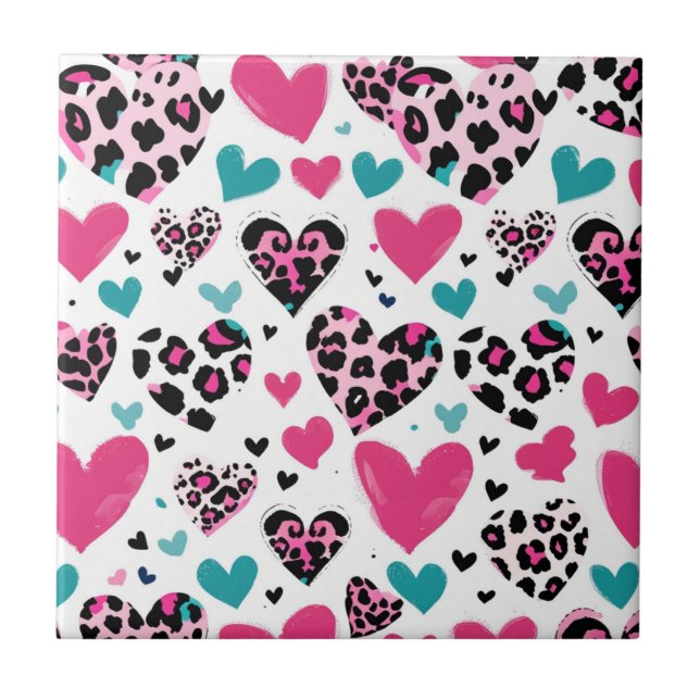 Kühnes Leopard-Herz-Liebe – Pink, Schwarz & Türkis Fliese (Vorderseite)