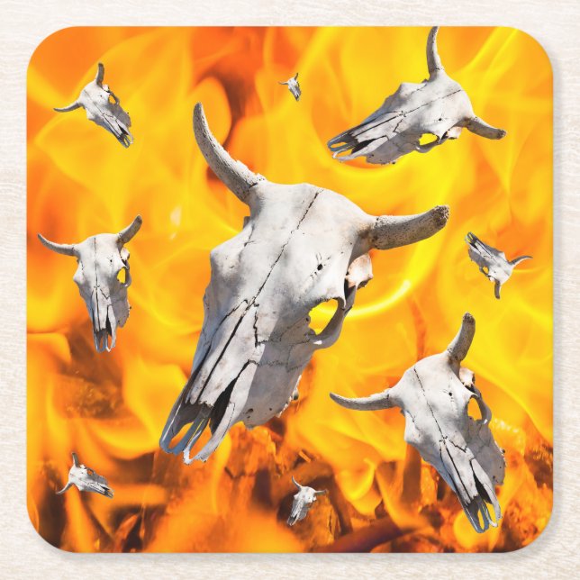 Kuhschädel und Feuer Rechteckiger Pappuntersetzer (Vorderseite)