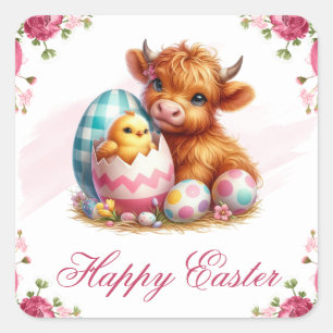 Küken, Kuh & Ostereier Frohe Ostern Quadratischer Aufkleber
