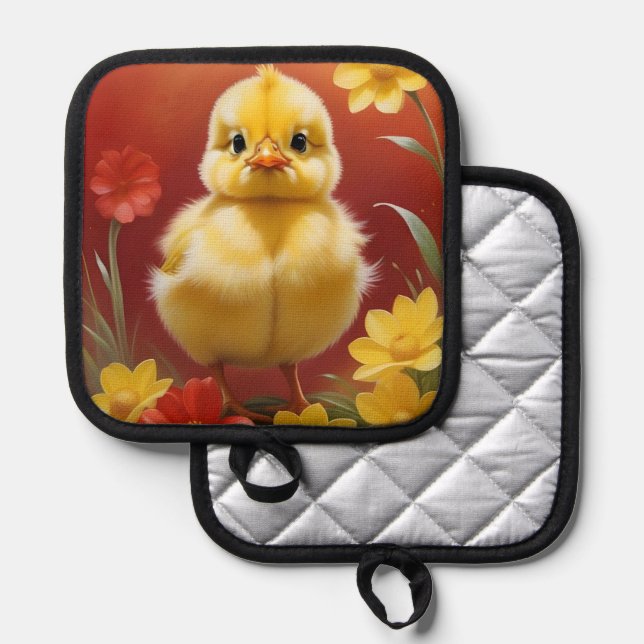 Küken mit Blumen Topflappen (Vorderseite/Rückseite)