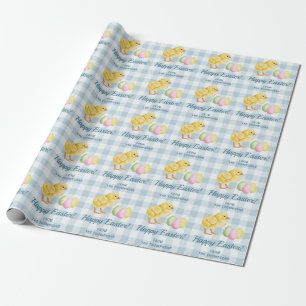 Küken und Ostereier Fröhliche Ostern blau kariert Geschenkpapier