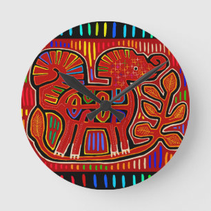 Kuna Indian Baby Elephant - Mola Volkskunst Runde Wanduhr
