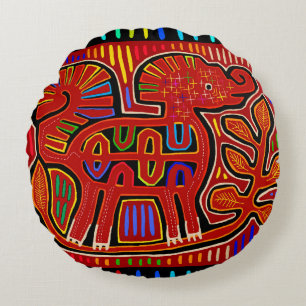 Kuna Indian Baby Elephant - Mola Volkskunst Rundes Kissen