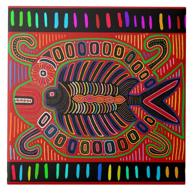 Kuna-Indianer Pescado Mola Fliese (Vorderseite)