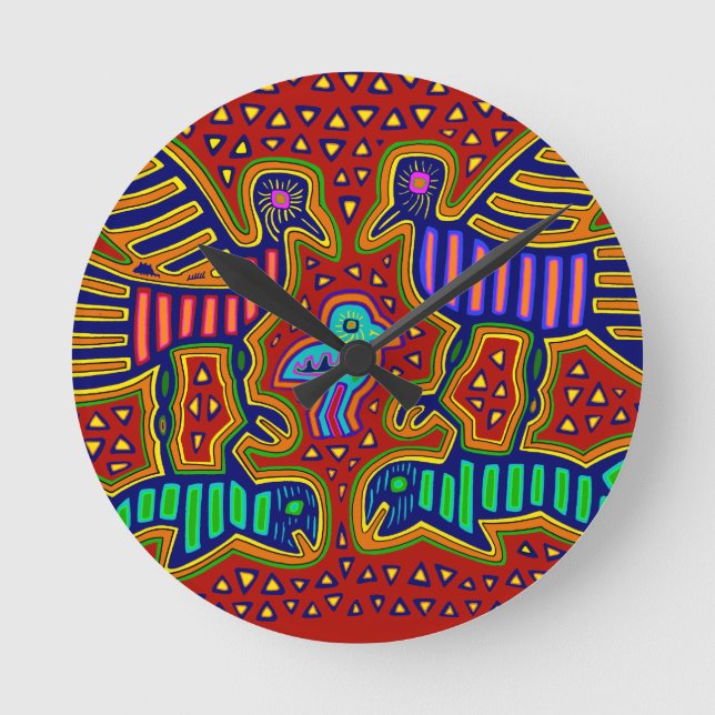 Kuna Indianervögel mit Fisch Runde Wanduhr (Vorderseite)