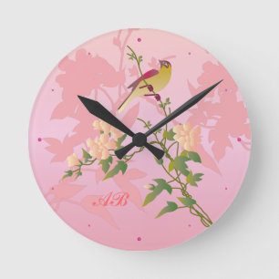 Kundengerecht: Vogel auf chinesischer Blüte Runde Wanduhr