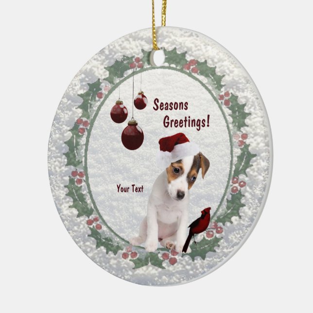 Kundengerechter Jack-Russell-Welpe umarmt Keramikornament (Links)