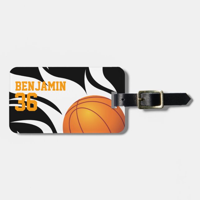 Kundengerechter lodernder Basketball Schwarzweiss Gepäckanhänger (Vorderseite horizontal)