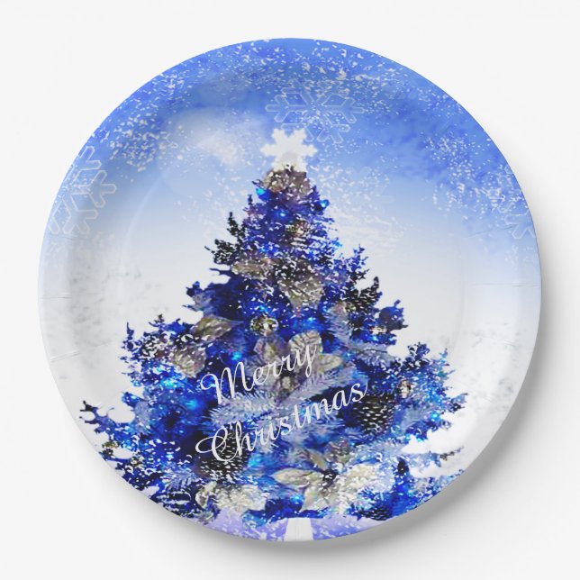 Kundengerechter verzierter blauer Weihnachtsbaum Pappteller (Vorderseite)