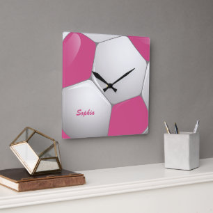 Kundengerechtes Fußball-Fußball-Rosa und Weiß Quadratische Wanduhr