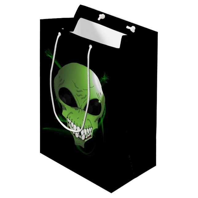 Kundenkarte mit grüner Alien Mittlere Geschenktüte (Vorderseite Schrägansicht)