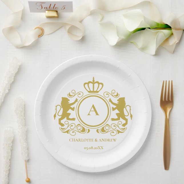 Kundenspezifisch Logo Monogramm Wappen Löwen   Pappteller (Hochzeit)