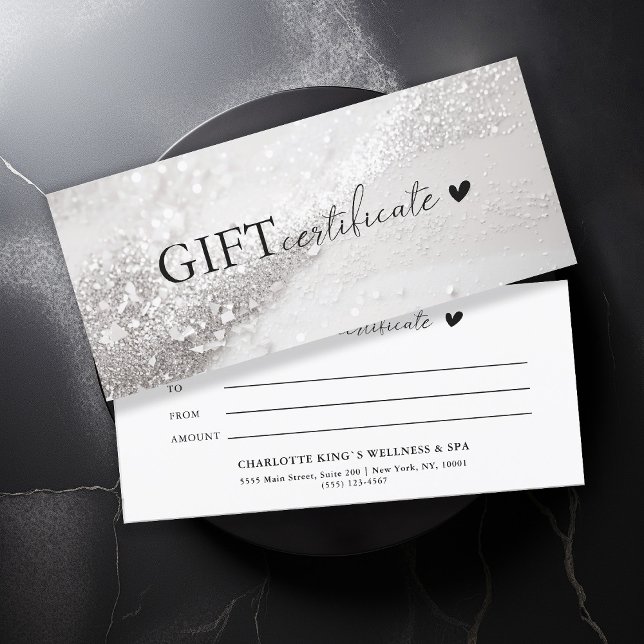 Kundenspezifisch, silberer Glitzer, geschäftlich (Customer specific, trendy, silver, glitter, business gift certificate.)