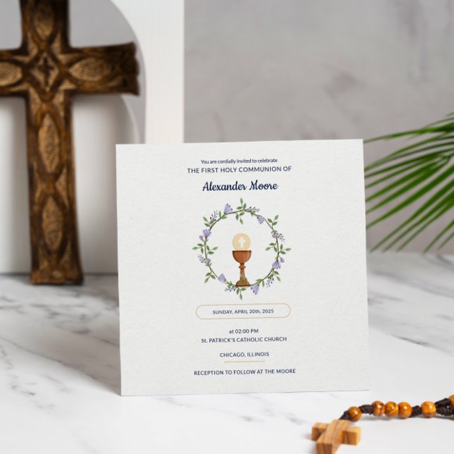 Kundenspezifische Einladung - Kleider- und Chalice (First Communion Invite with Floral Wreath )