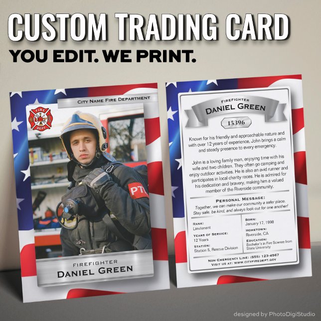 Kundenspezifische Firefighter-Handelskarten Telefonnummerkarte (Custom Fireman Trading Cards with USA Flag and Silver Elements)