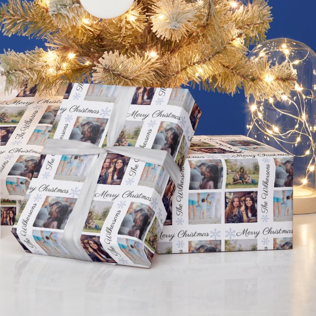 Kundenspezifische Fotos und Familienname Frohe Wei Geschenkpapier (Feiertage)