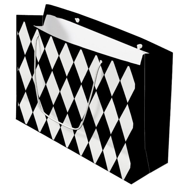 Kundenspezifische Harlekin-schwarzer Diamant-große Große Geschenktüte (Vorderseite Schrägansicht)