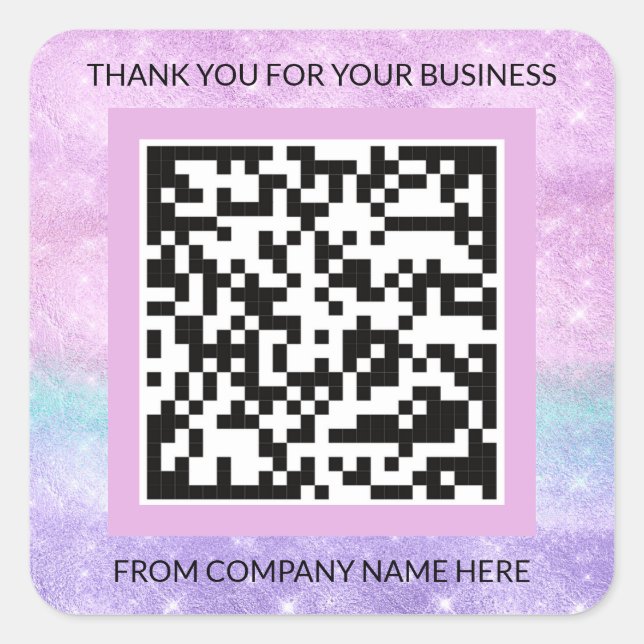 Kundenspezifische Logo Lila Rosa QRCode Name Danke Quadratischer Aufkleber (Vorderseite)