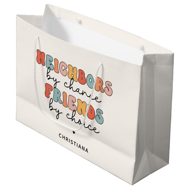 Kundenspezifische Retro-Nachbarn durch Zufall Freu Große Geschenktüte (Vorderseite Schrägansicht)