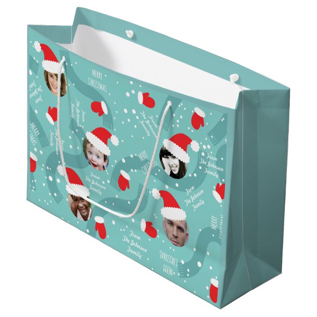 Kundenspezifischer Foto-Weihnachtshut-Spaß-große Große Geschenktüte (Vorderseite Schrägansicht)