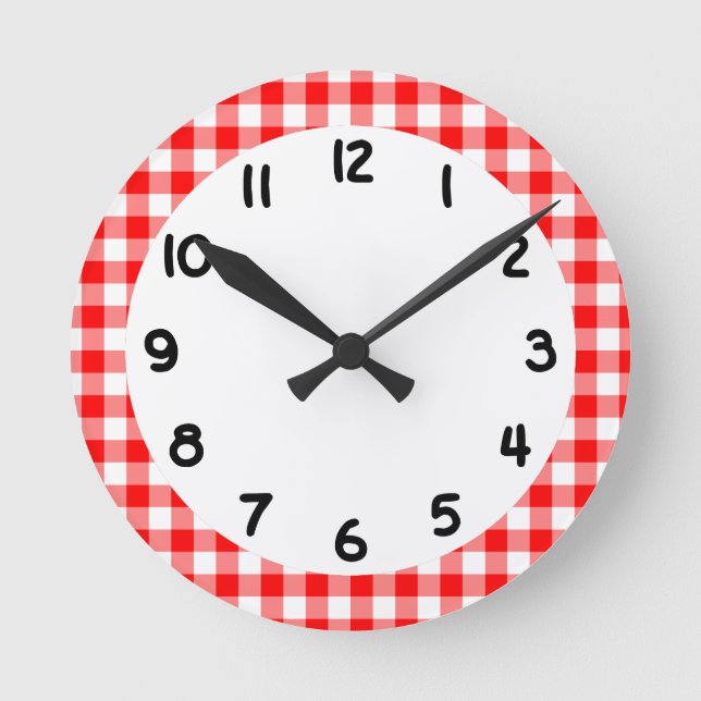 Kundenspezifischer heller roter Gingham Runde Wanduhr (Vorderseite)