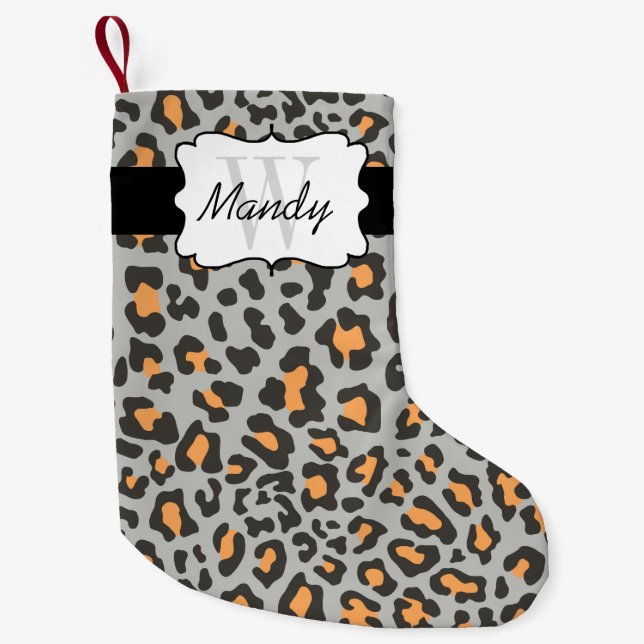 Kundenspezifischer Leopard-Druck-orange schwarzer Kleiner Weihnachtsstrumpf (Vorderseite)