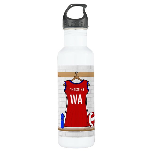 Kundenspezifischer Netball-einheitliches Rot mit Edelstahlflasche (Vorderseite)