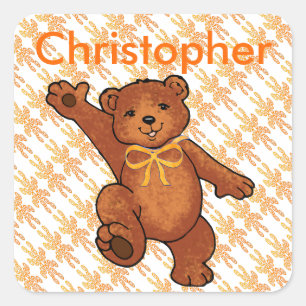 Kundenspezifischer Teddybär mit orange Höhepunkt Quadratischer Aufkleber